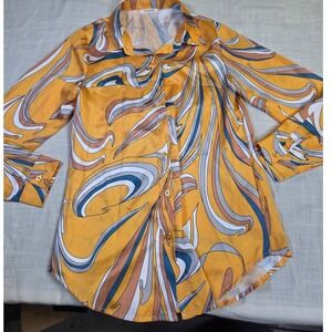 SundayUp Women Yellow Psychedelic Swirl Print Satin Button Down Blouse Small